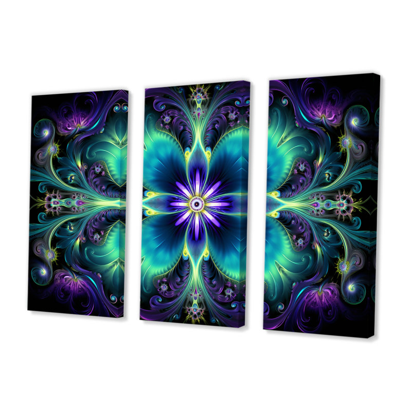 Turquoise néon fractal fleurs I - ensemble d'art mural mandala boho, Toile tendue, H 32 po x l 48 po x P 1 po