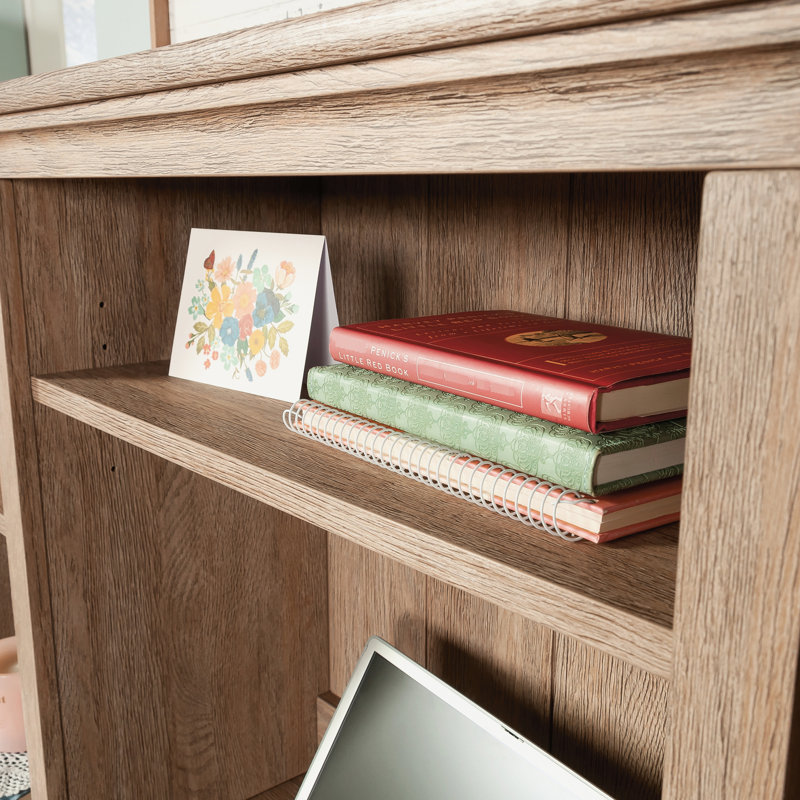 Brun avec trois tablettes réglables horizontales pour le bureau à domicile, esthétique chic décontractée, instructions de montage claires, tablettes de bureau et d'étude, bois d'ingénierie, gestion des câbles