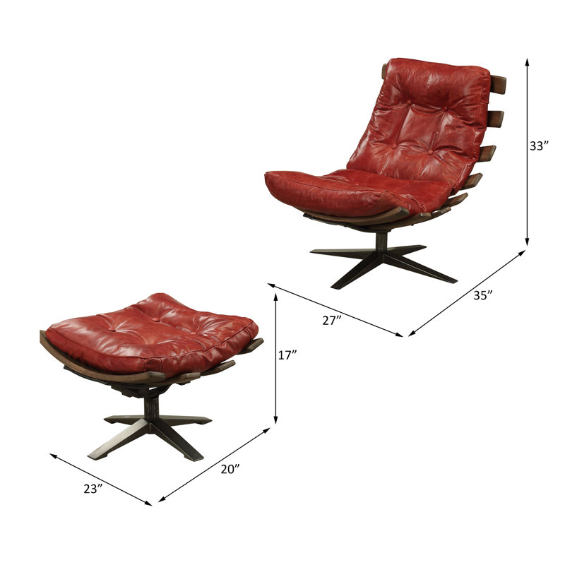 Demartini Upholstered Swivel Accent Chair with Ottoman, Retro Brown Genuine Leather