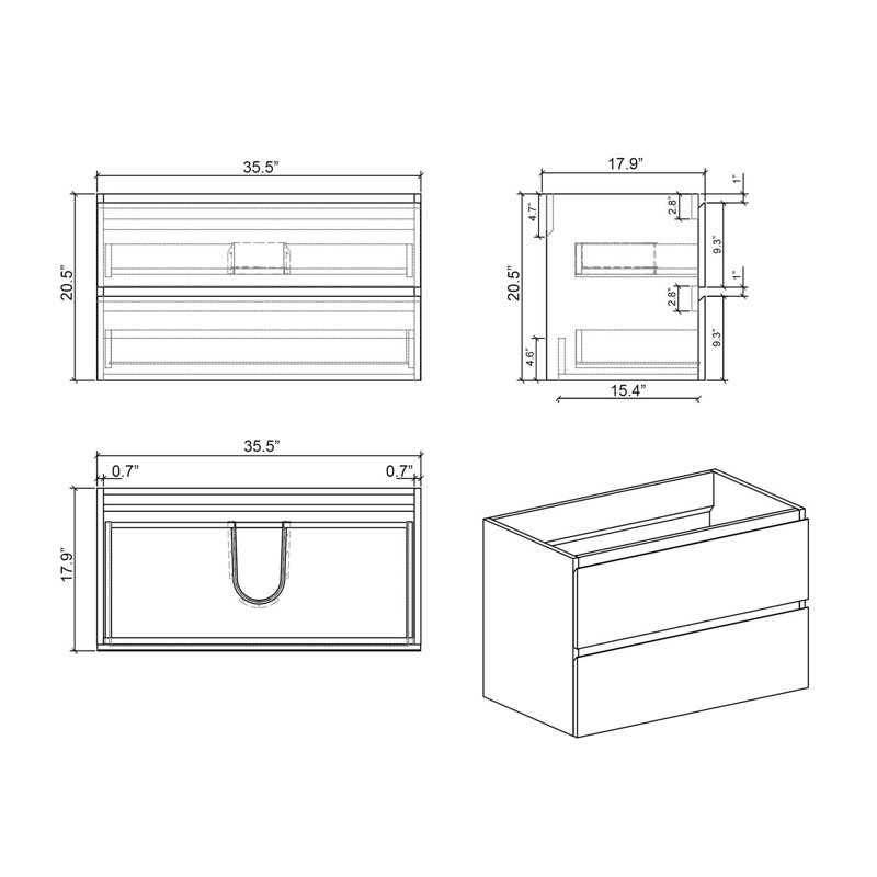 Wall mount cabinet Without basin,with two drawers, Pre-assembled, Brown