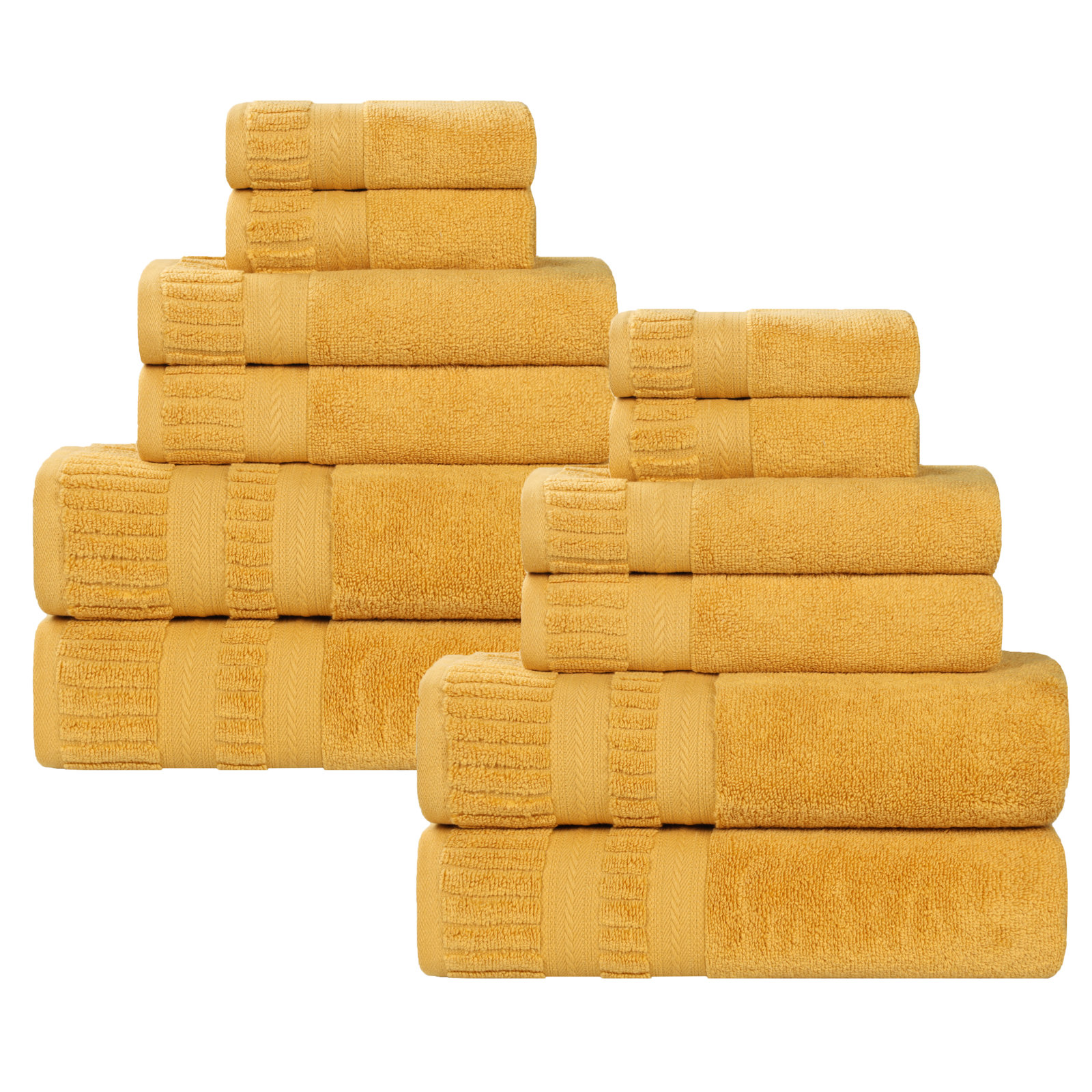 Venice Zero Twist Cotton Medium Weight Soft Absorbent Towel Set, 12 Piece Towel Set, Gold