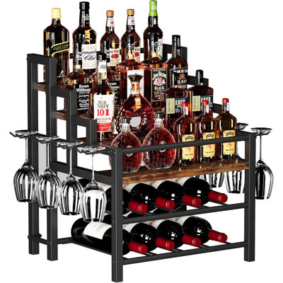 6-Tier Liquor Bottle Display Shelf, Holds up to 24 Bottles, Countertop Wine Racks with 8 Wine Glass Holders, Mini Wine Bar Cabinet for Home, All in On