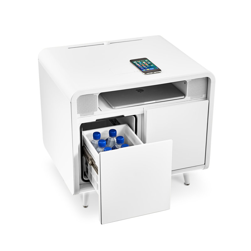 White Smart Side Table with Wireless Charging and Cooling Drawer