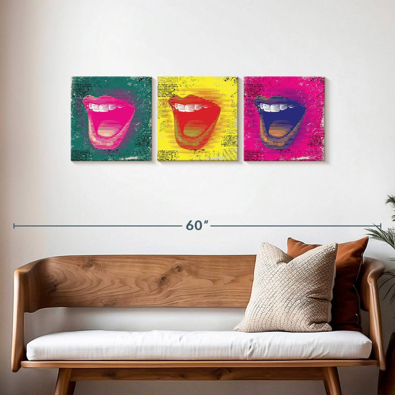 «Trippy Triple Mouth», ensemble de 3 reproductions sur toiles par PaintboxJenny, H 15 po x l 47 po x P 1,25 po