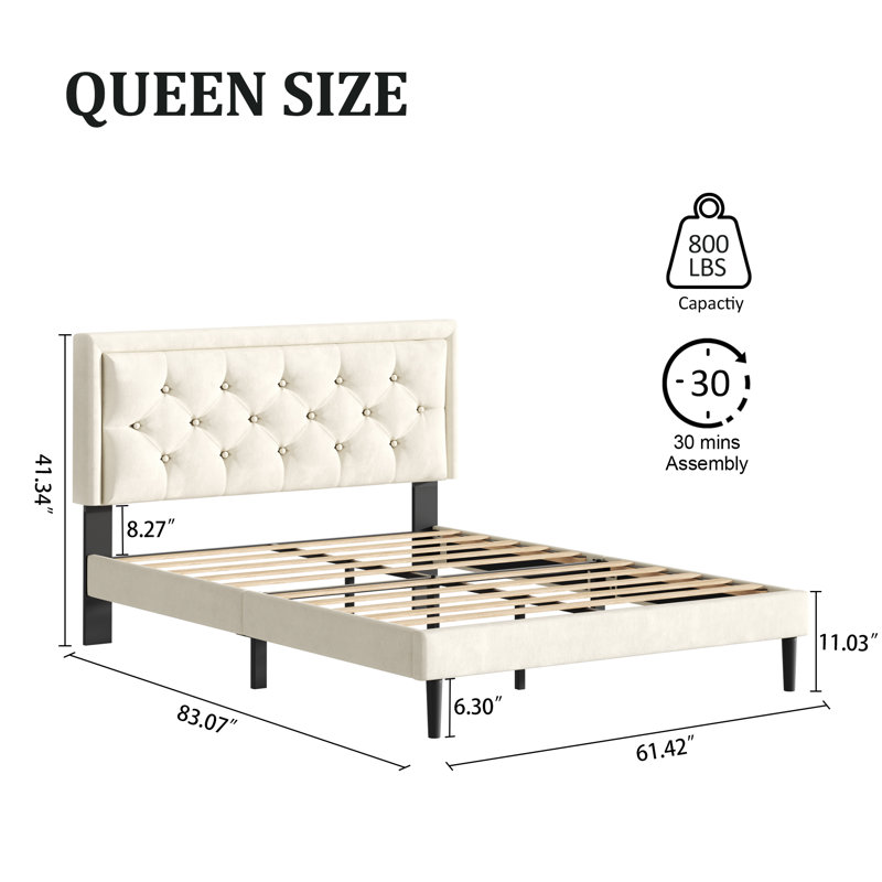 Mauriciu Platform Bed Frame with Button Tufted Headboard and Wooden Slats Support, Beige, Queen