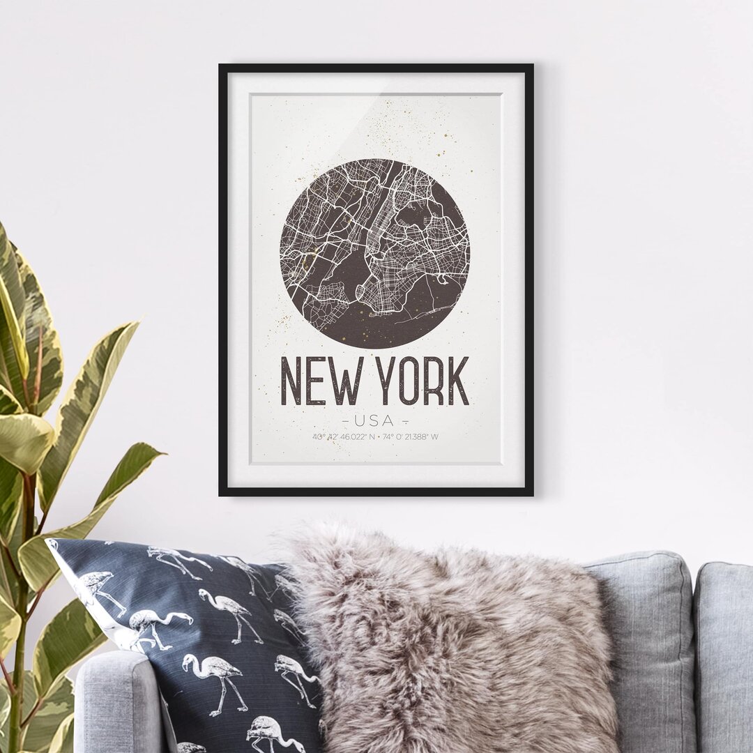 Gerahmtes Plakat-Plan New Yorks - Weinlese