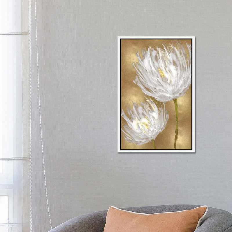 Tulips On Gold II by Vanessa Austin - Print on Canvas, 66.04 cm H x 45.72 cm W, White Framed