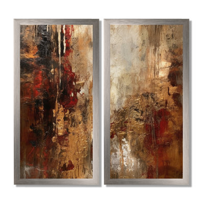 Ancient Italian Revelations In Gold And Red - Abstract Painting Canvas Print, Gold Abstract Wall Art 2 Piece