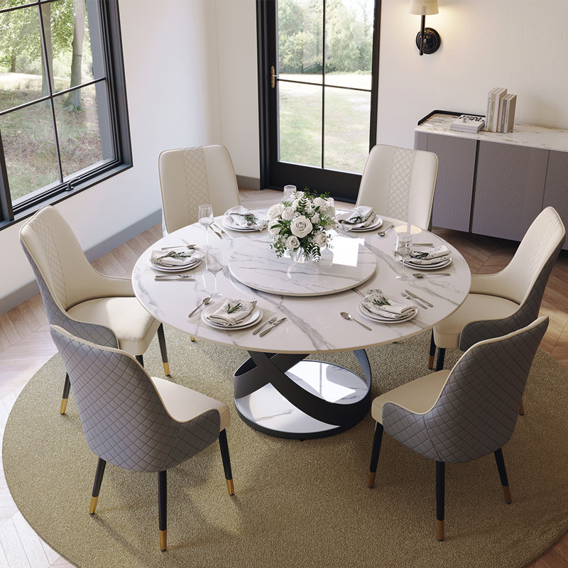 Maxwell 5/7 Pieces Modern Round Dining Table Sets, Glossy Sintered Stone Dining Table With PU Upholstered Chairs, Pre-Assembly