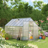 Serre en polycarbonate de 12 pi x 6 pi x 6,5 pi Outsunny avec évent de toit réglable, serre en aluminium robuste avec cadre en aluminium, gouttière et porte coulissante pour l'hiver, argent