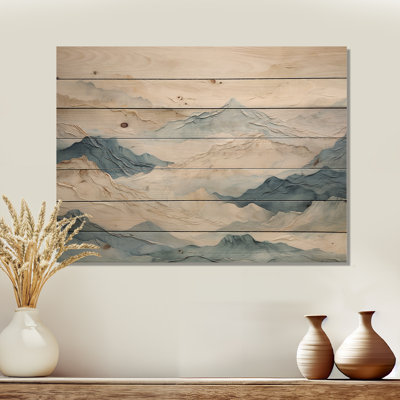 Minimalism Grey And Blue Mountain Breeze - Mountains Wood Art On Natural Pine Wood