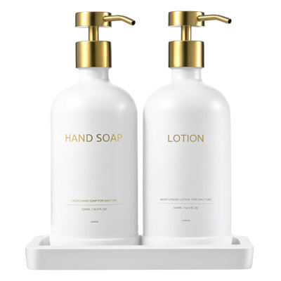 Ensemble de distributeur de savon de cuisine en verre avec plateau en céramique, distributeur de savon à main et à vaisselle 16,9 floz pour décoration de cuisine et de salle de bain (blanc + (lotion))