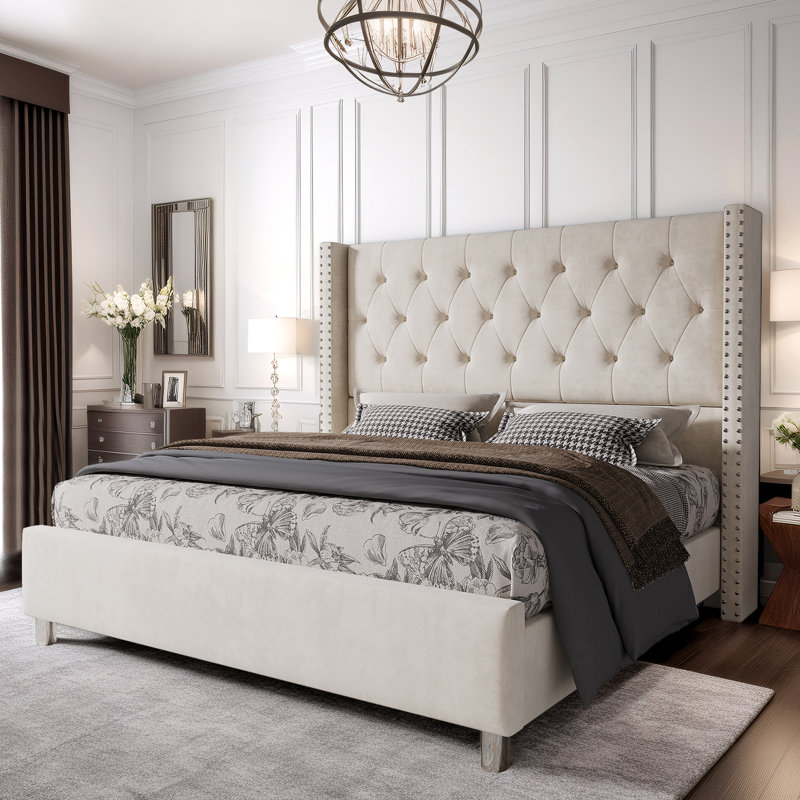 Ariste Upholstered Wingback Bed, King, Cream