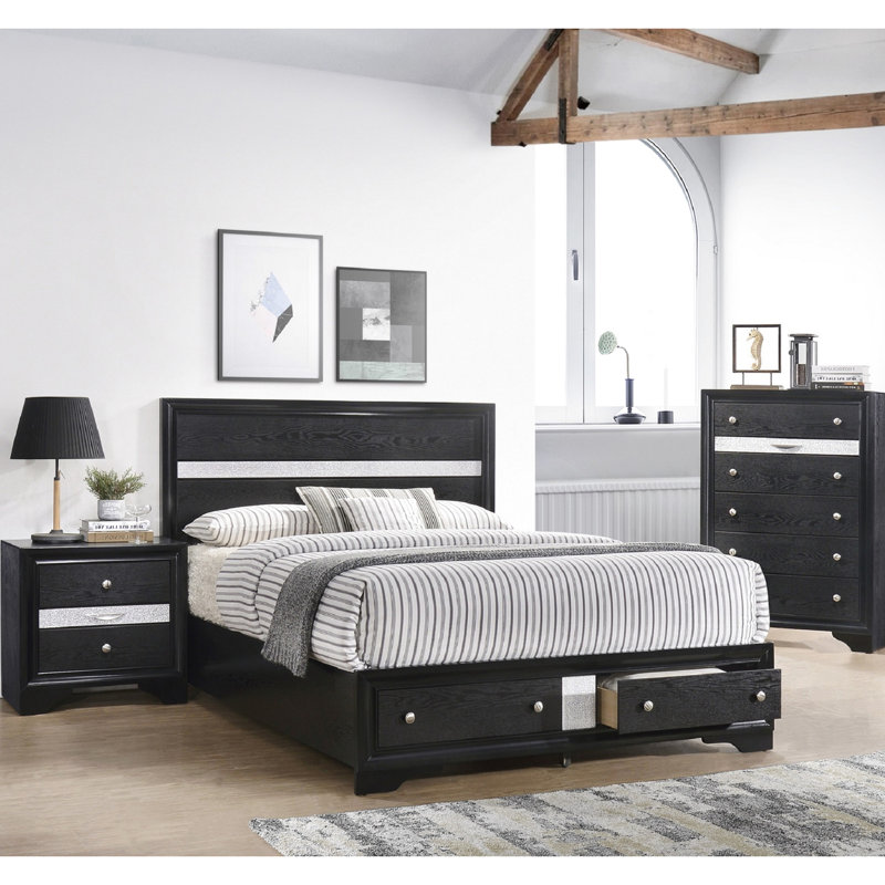 Table de chevet pour chambre à coucher - 3 tiroirs, bois massif, noir, avec glissières de tiroir et plateau