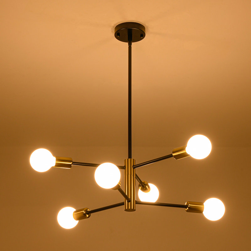 Lustre spoutnik moderne noir et laiton à 6 lumières de style Mid-Century