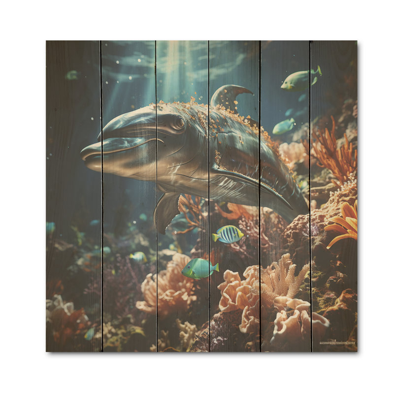 Dolphin Dreamscape - Art mural en bois de dauphin sur bois de pin naturel, H 25 po x l 25 po
