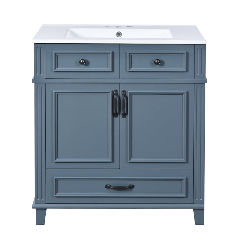 Meuble-lavabo bleu 30 po avec lavabo en céramique, structure en bois massif, portes à fermeture douce et grand espace de rangement pour une élégance moderne