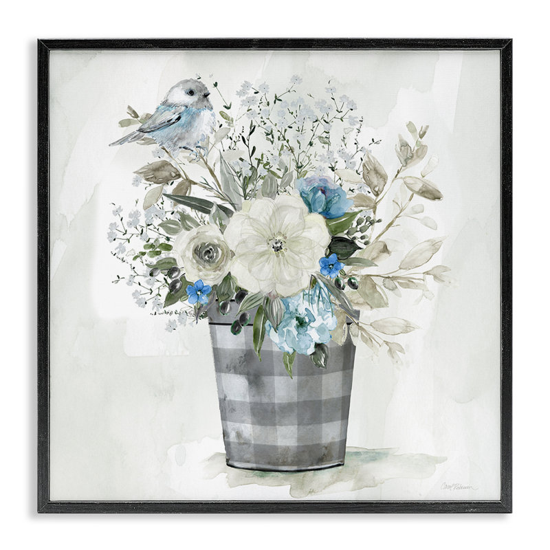 «Cottage Blooms Plaid Vase», estampe numérique par Carol Robinson, H 12 po x l 12 po, Giclée encadrée noir minuit