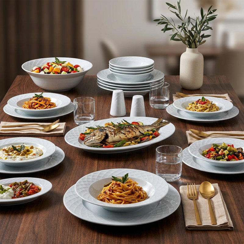Service de table en porcelaine blanche matelassée Diamond (service de 36 pièces pour 6 personnes)