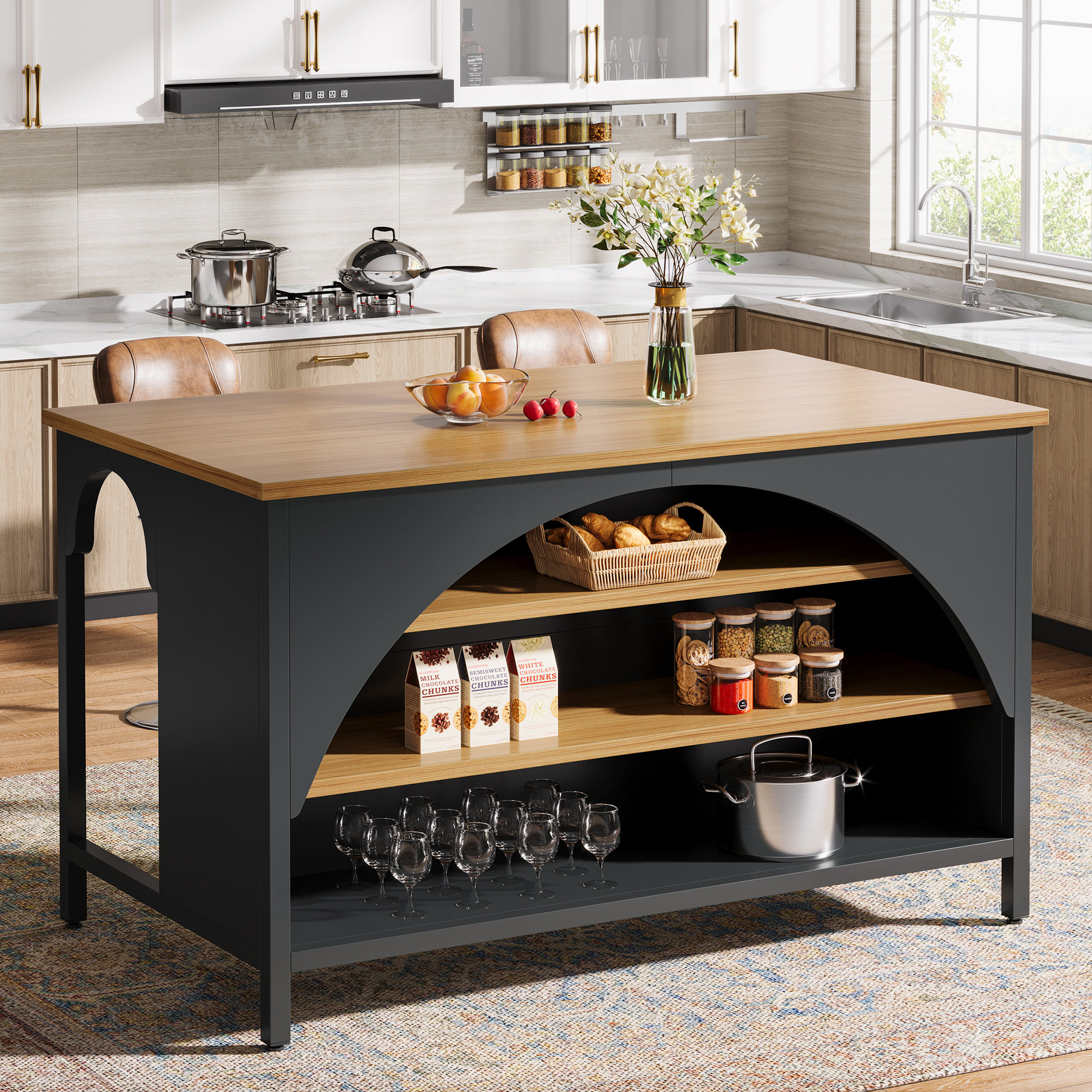 Winston Porter Kitchen Island With Storage Shelves, 55 Inch
