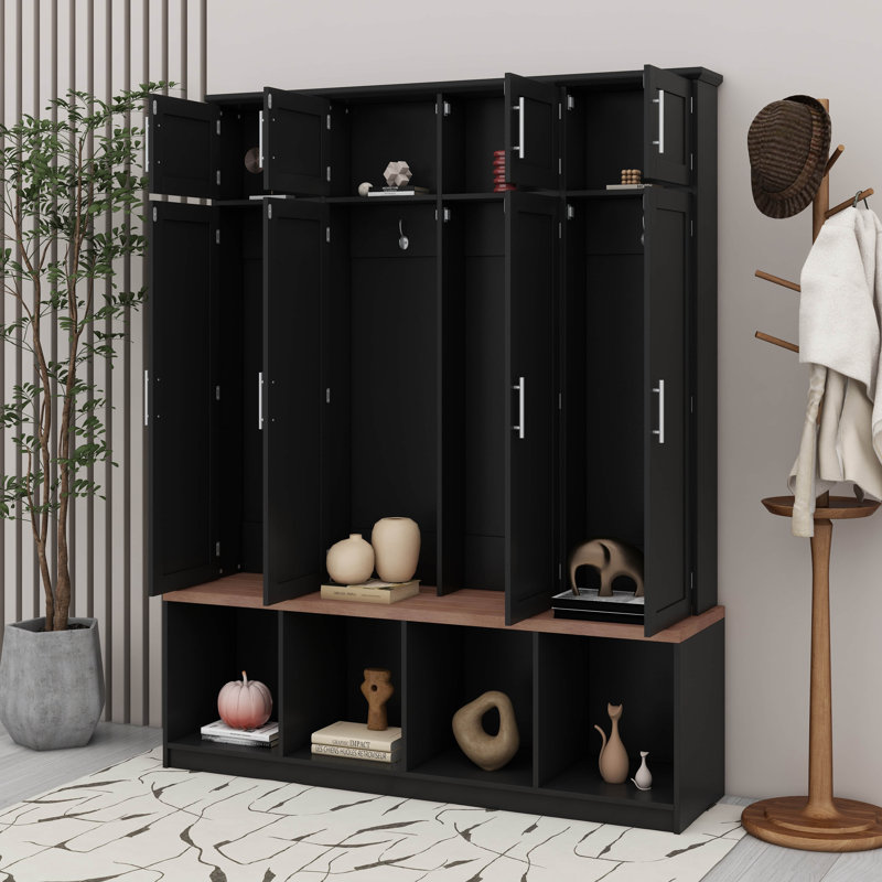 Farmhouse Hall Tree With 4 Hanging Hooks,Mudroom Wood Grain Bench With Open Compartments, Black