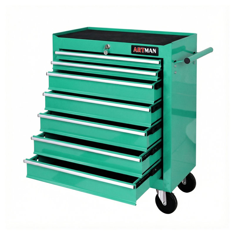 Chariot à outils à roulettes 7 tiroirs avec roulettes - Armoire à outils verrouillable en métal vert avec tiroirs à billes pour l'organisation du garage