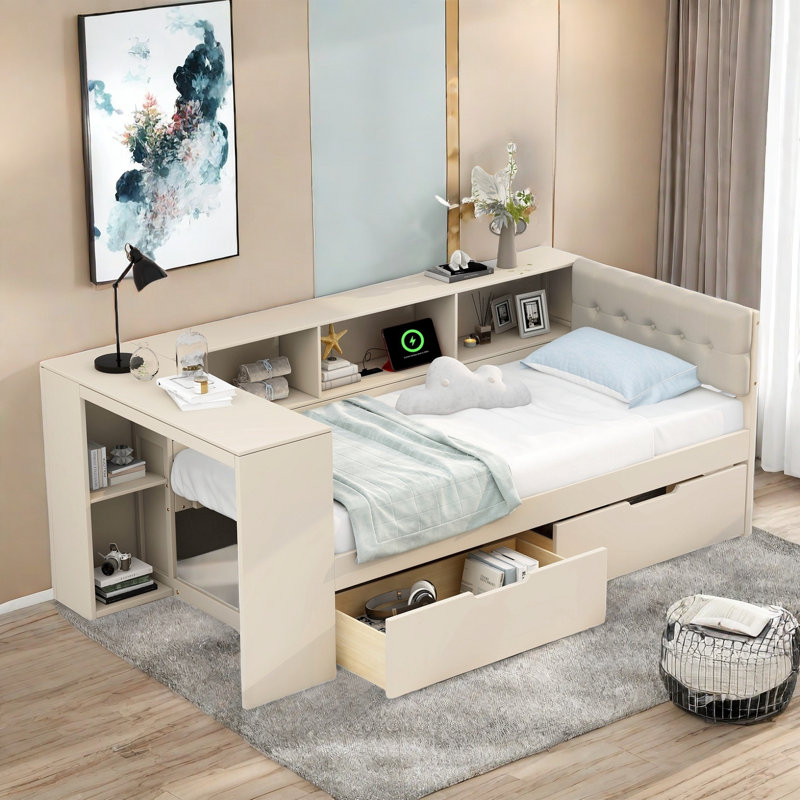Lit moderne avec tablettes de rangement, 2 tiroirs, station de charge, bureau d'étude et tête de lit tapissier, Lit simple