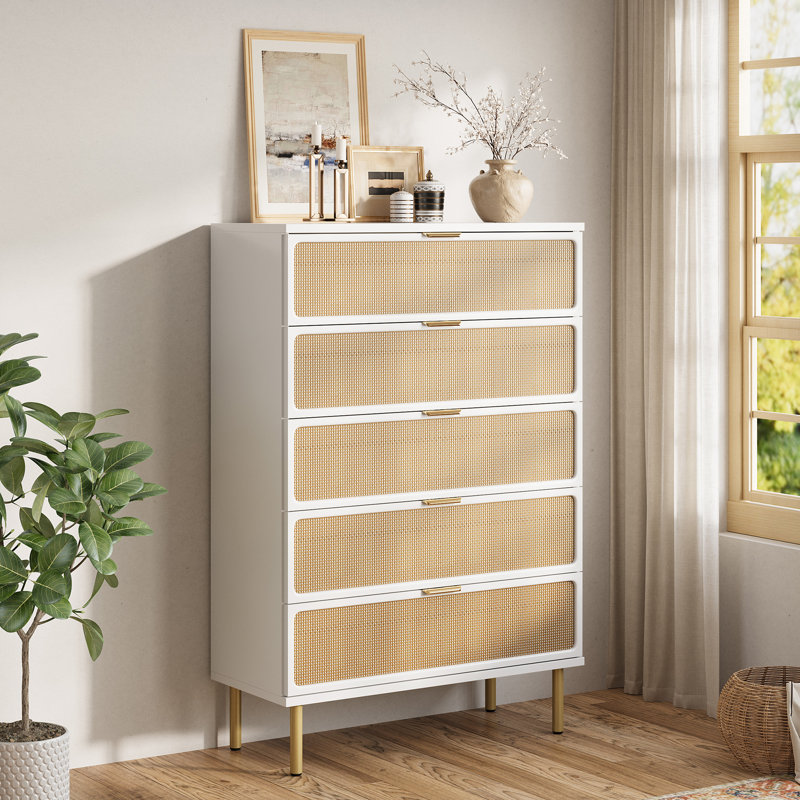 36.2" W 5-Drawer Solid and Manufactured Wood Chest with Rattan