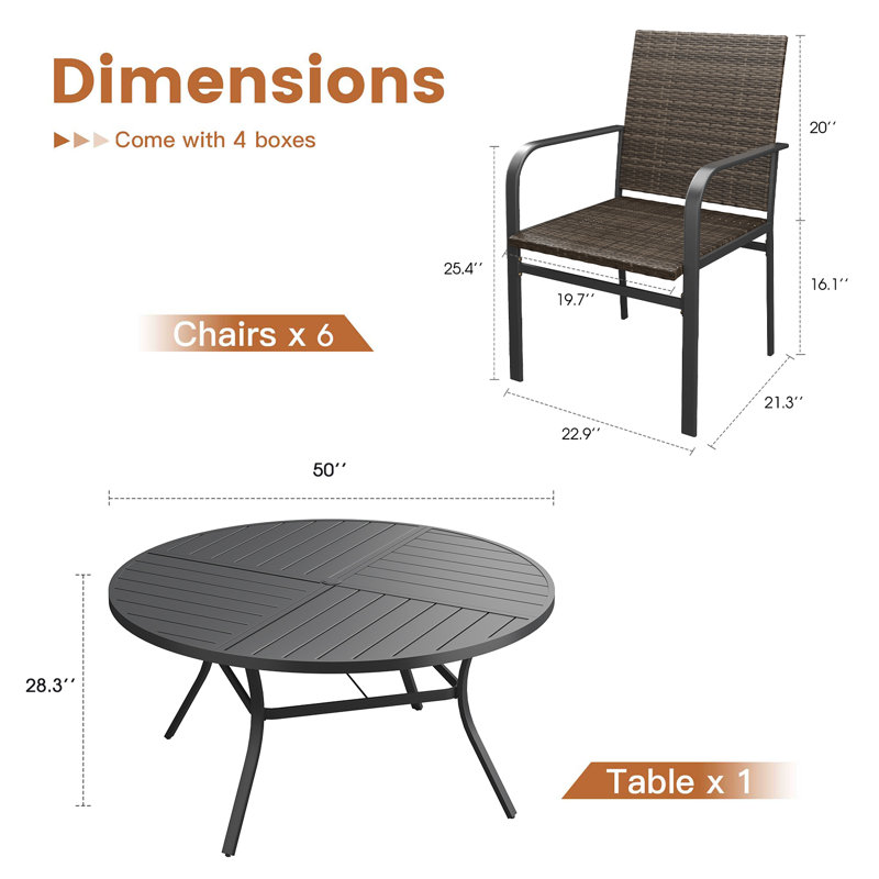 Ensemble de salle à manger pour 6 personnes avec table ronde de 50 po et 6 chaises en rotin, Noir / Noir