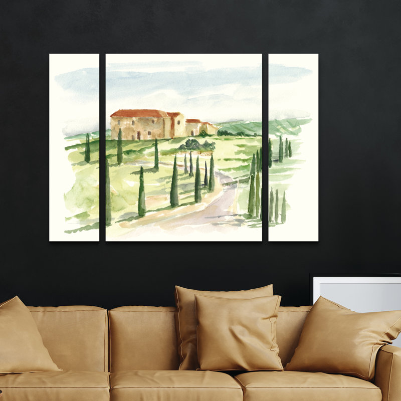 Ensemble de 3 panneaux - Ethan Harper «Watercolor Tuscan Villa I», art mural sur toile pour le salon, la chambre à coucher ou le bureau 
