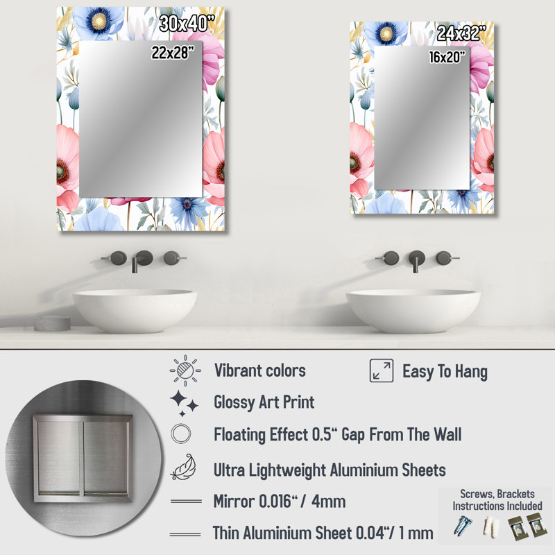 Rose et bleu pétunia sur blanc - grand miroir fleurs, miroir mural décoratif traditionnel, impression d'art en métal