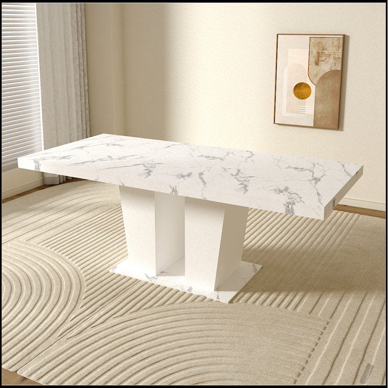 Table de salle à manger extensible pour 6-10, table de cuisine extensible en faux marbre blanc moderne avec base à double colonne, grand rectangle