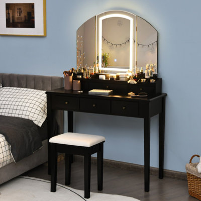 Ensemble de tabouret de coiffeuse avec grand miroir lumineux pliable en trois