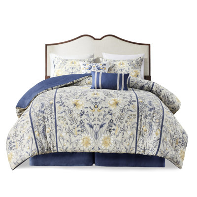 100% coton édredon 6 pièces, imprimé botanique bleu et jaune pour une nuit douillette
