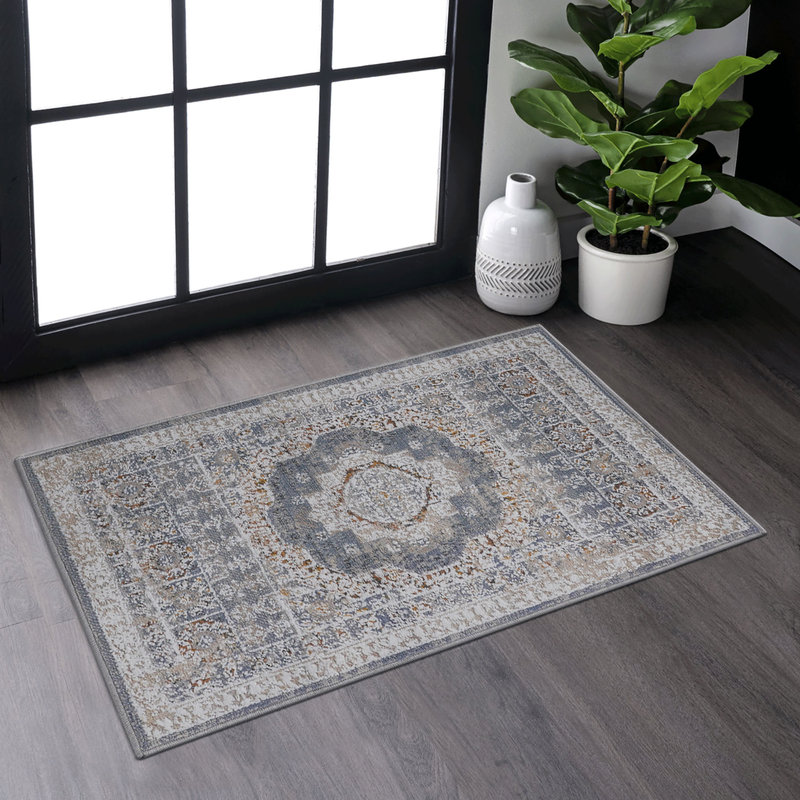 2X3 Blue/Ivory Medallion Area Rug, Stain-Resistant & Non-Shedding, for Living Room, Bedroom, Dining, Home Office