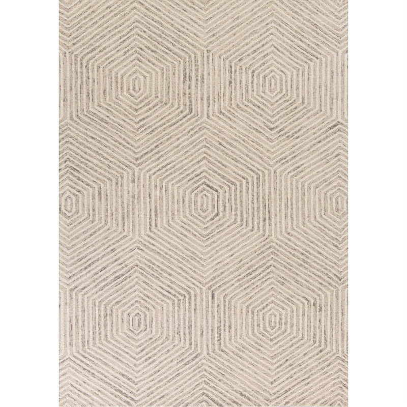 Tapis géométrique touffeté à la main ivoire et gris en laine 8 pi x 10 pi Korben, Rectangle 9 pi x 12 pi