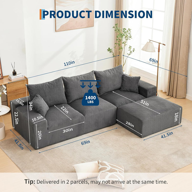Canapé modulaire en L surdimensionné de 110 po avec méridienne droite, canapé Cloud avec velours côtelé et mousse à mémoire de forme, avec coussins décoratifs