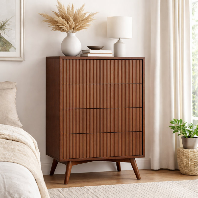 Tremolo 4 Drawers Frame With Push-Open Design & Contemporary Fluted Fronts for Bedroom Organization, Walnut