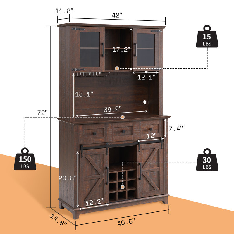 Marlborough 72'' W Farmhouse Bar Cabinet with LED lights and Sliding Barn Doors,Brown, Brown