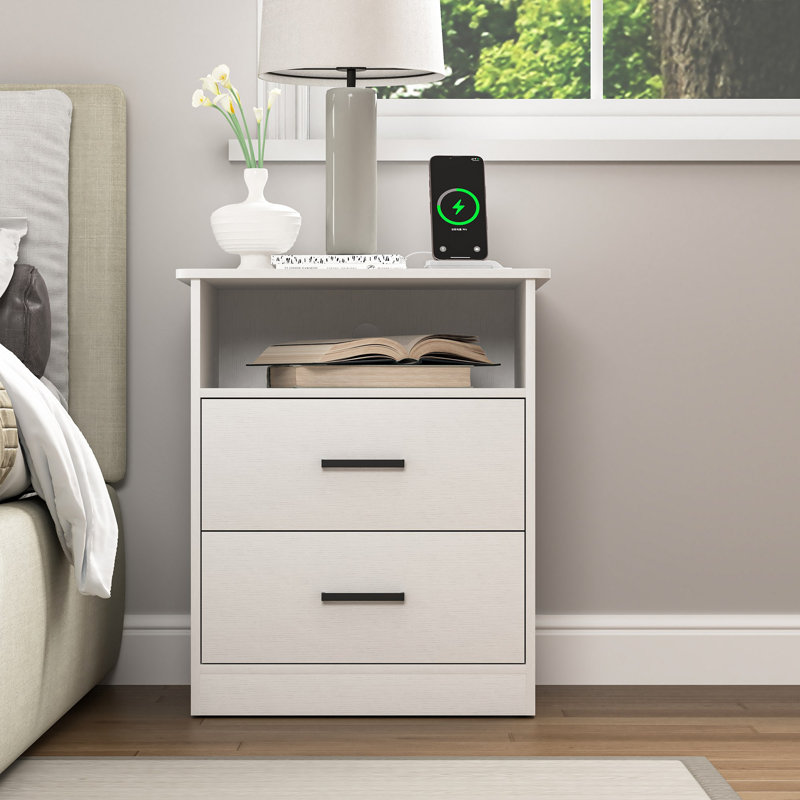 2 Drawers Nightstand With Charging Station, White