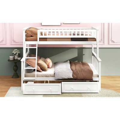 Twin Over Full White Bunk Bed With Drawers, Made Of Pine And , Structure, Guardrails For Colour, Wood Stable Support, Multiple Usage