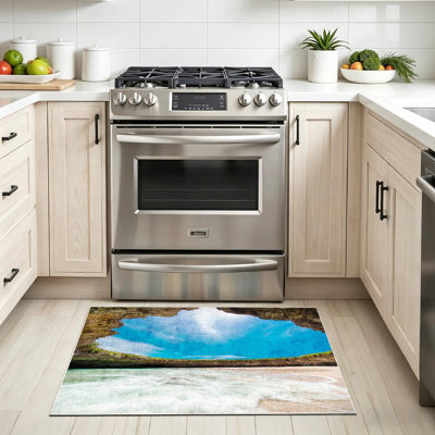Magnifique tapis d'intérieur bleu lavable à la machine bleu Beach Island Mexico Scape