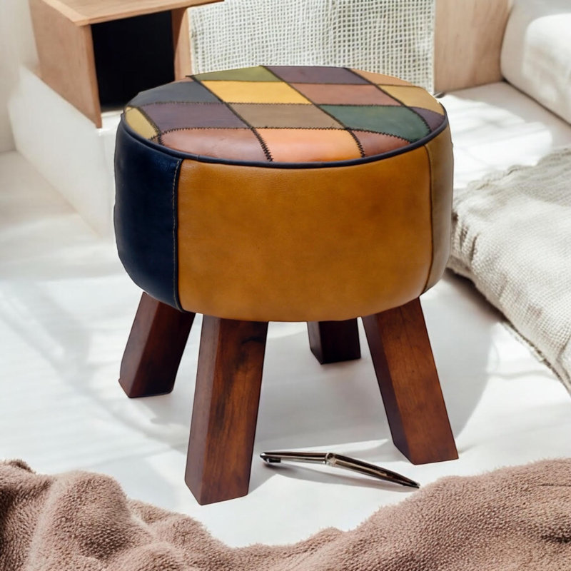 Leather Round Footstool Patchwork Design Stylish Ottoman Seat | Footrest Decorative Accent for Living Room Bedroom or Dining