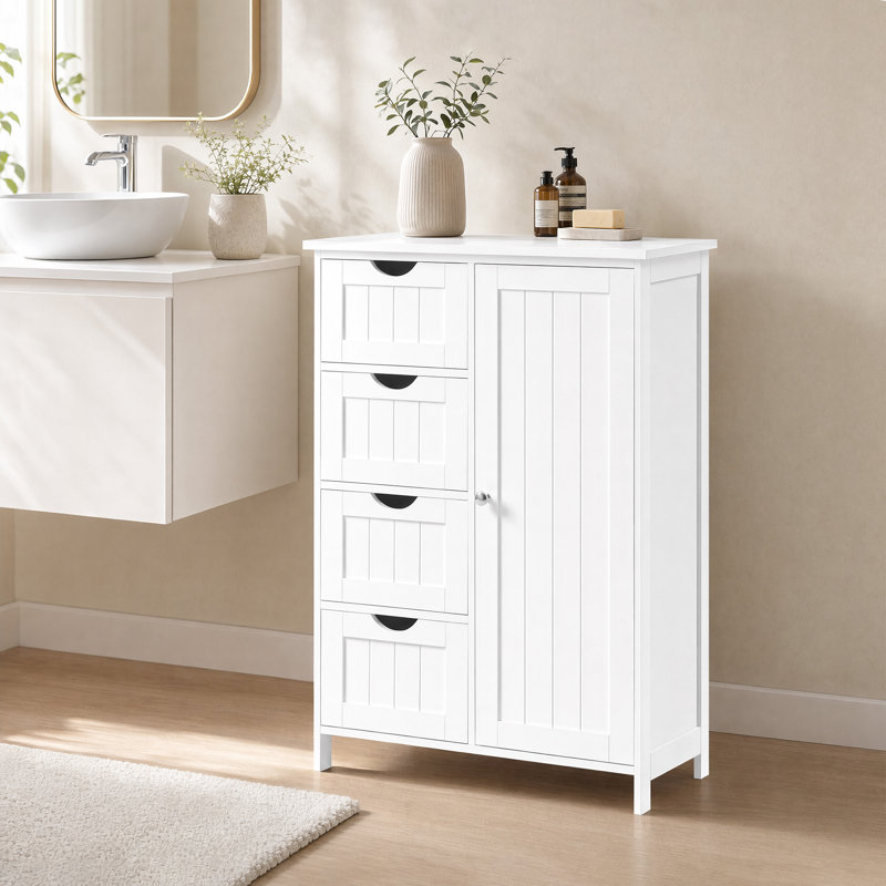 Armoire de rangement Manhattan Floor, armoire autoportante, avec 4 tiroirs, tablette ajustable, Blanc