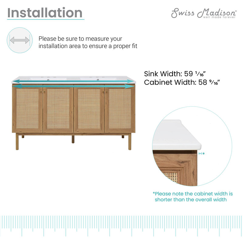 Meuble-lavabo autoportant de 60 po en chêne doré Classe avec dessus de lavabo double à 3 trous Class, 3, Blanc