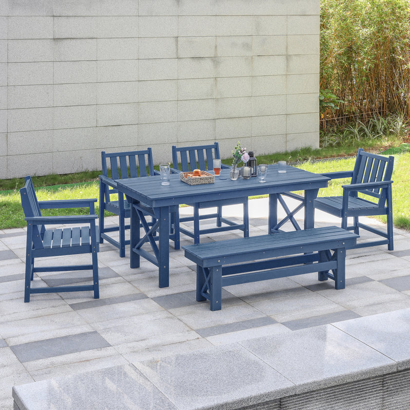 HDPE Outdoor Dining Set Of 6, Patio Dining Table Set With 4 Chairs And 1 Bench, 6 Pieces HDPE Dining Set With Umbrella Hole, Outdoor Furniture Sets For Deck, Poolside, Garden