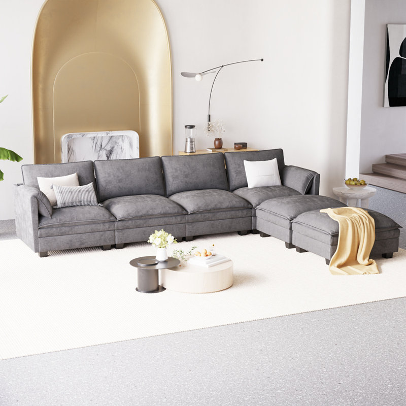 Canapé de 141,5 pouces à 6 places de 141,5 po, canapés en U avec repose-pieds mobile, accoudoirs avec poches, fauteuils en tissu modernes pour salon, appartement, bureau