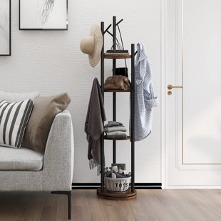 Rotary Coat Rack Freestanding Metal Coat Hall Tree Stand With 4 Tiers Storage Display Shelf And 9 Hooks For Entryway Bedroom Corner Office Garment Clothes Holder