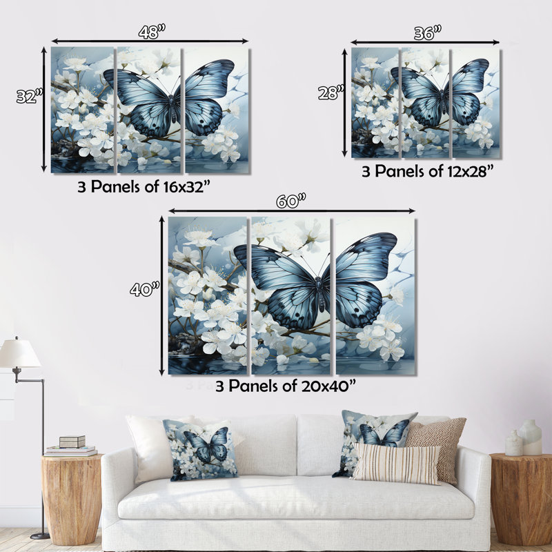 " Blue White Butterfly Reflection " 3 - Pieces, 28" H x 36" W x 1" D