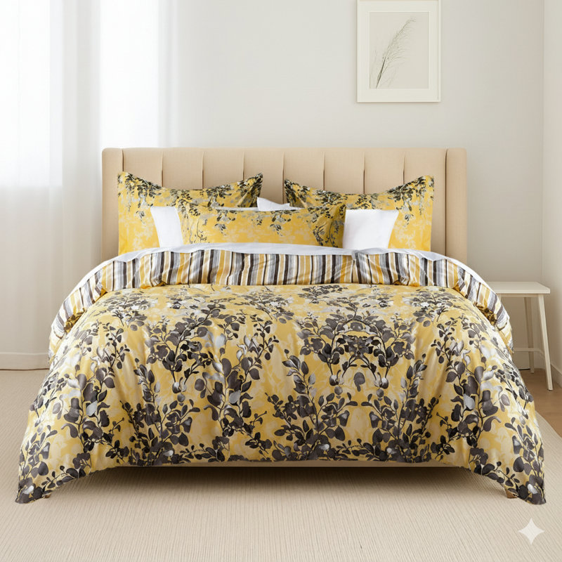 Soft Microfiber Printed Duvet Cover Set with Pillowcases, Ochre Blossom, King Duvet Cover + 2 Standard Pillowcases
